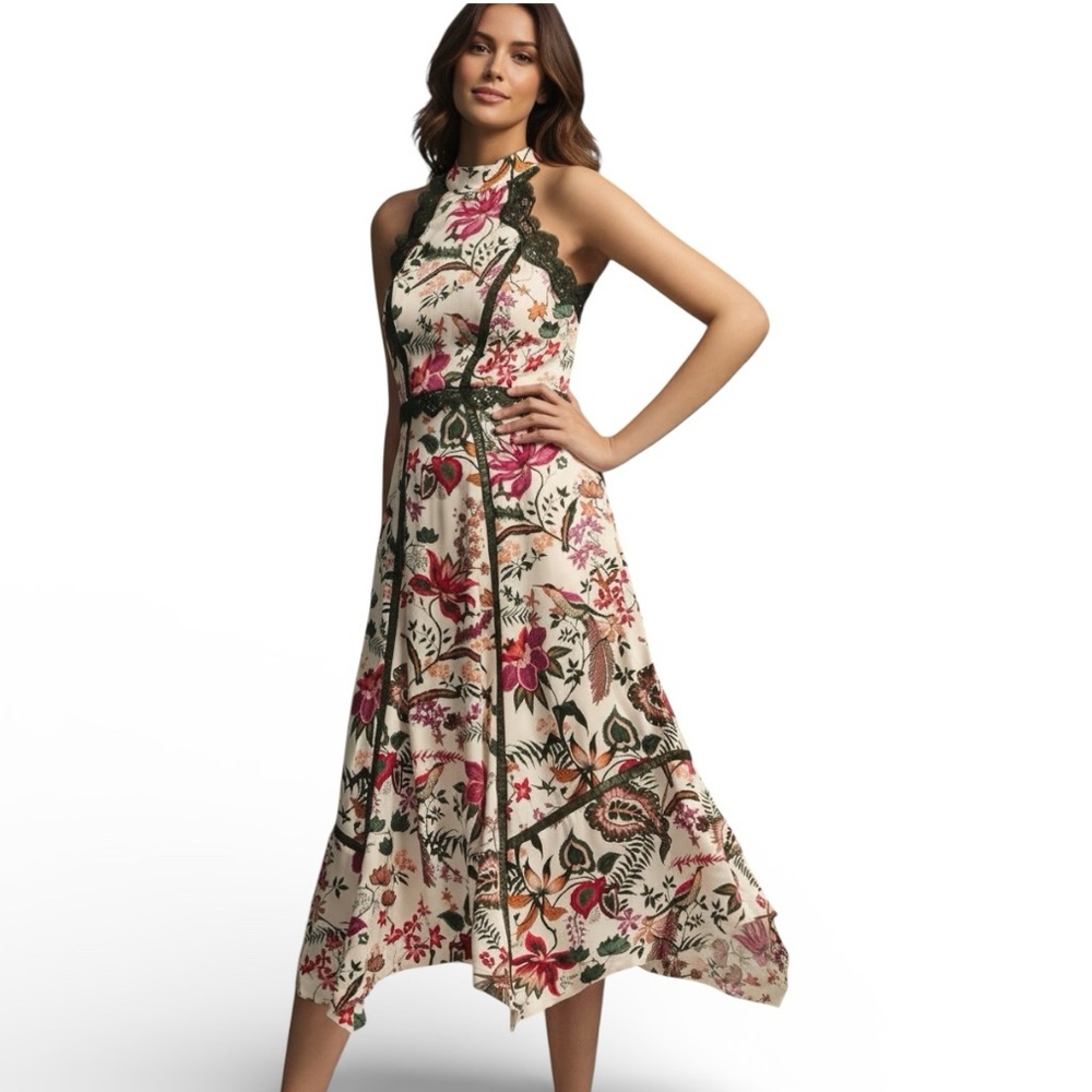 Anthropologie Lace-Trim A-Line Dress Floral Halter Midi Boho Cottagecore Sz 6